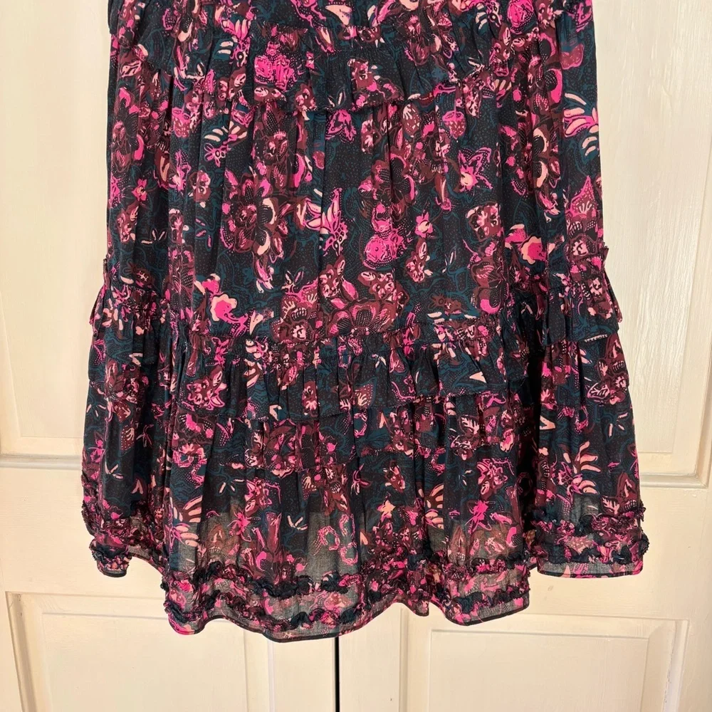 ULLA JOHNSON Amalia Midnight Floral Midi Skirt Tiered Ruffle Pink Navy Size‎ 2